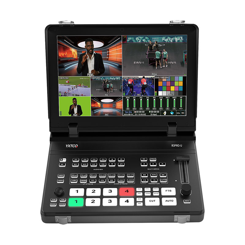 Audio Mixer 4 Channel - YXTCQ R3PRO-U 4Kライブビデオスイッチャー、4CH水平垂直HDMI/SDIストリーミングコンソール、ポータブルオールインワンミキサー