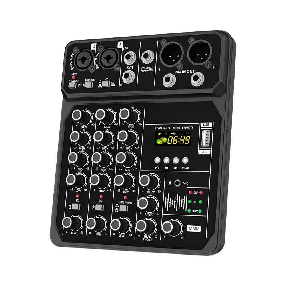 Audio Music Mixer - ポータブル4チャンネルオーディオミキサー、48V対応、屋外ショーや音楽制作に最適、ブラックABS製