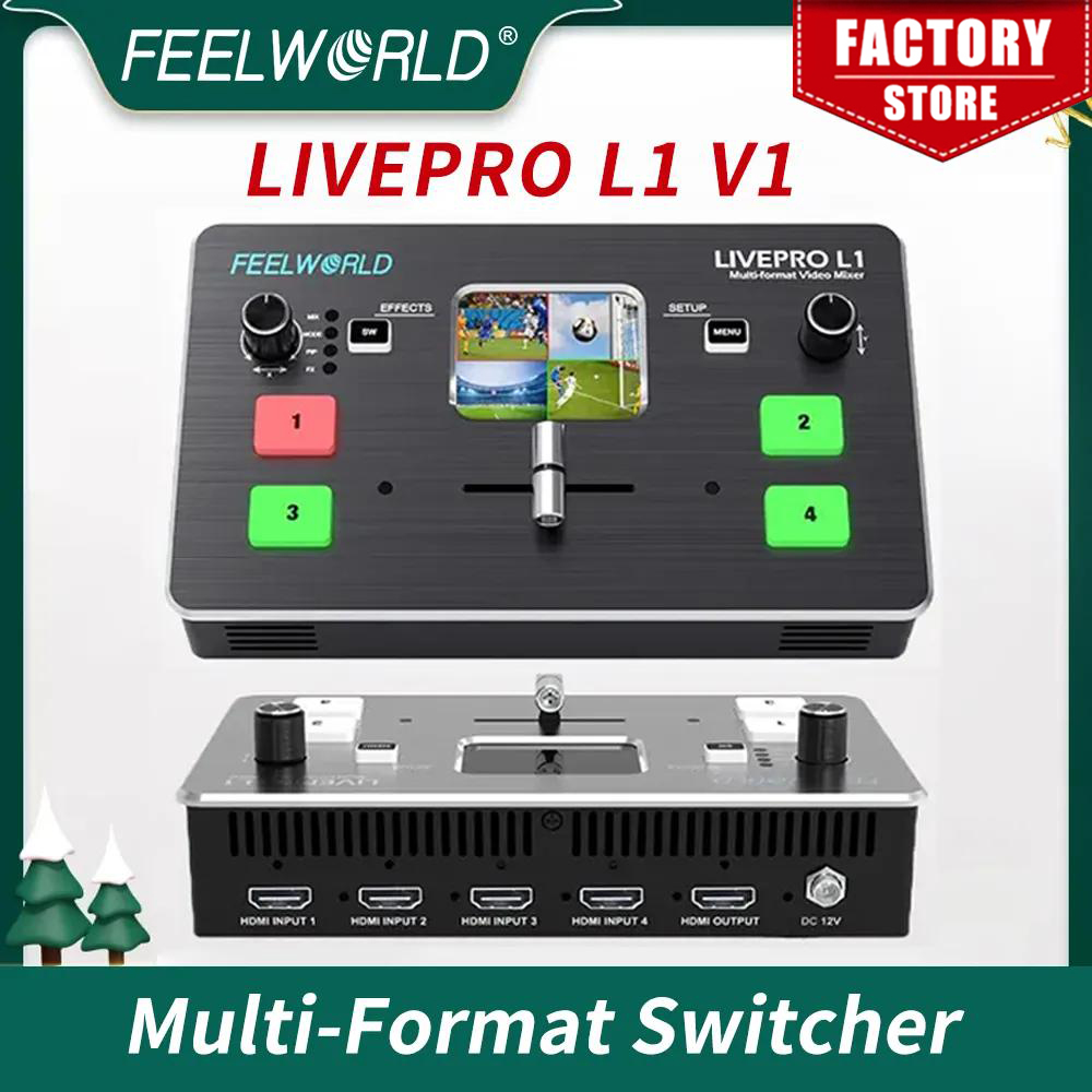 Audio Mixer 4 Channel - FEELWORLD-LIVEPRO-1ビデオミキサースイッチャー,4x HDMI入力,カメラ制作,USB 3.0,ライブストリーミング,YouTube,マルチフォーマット