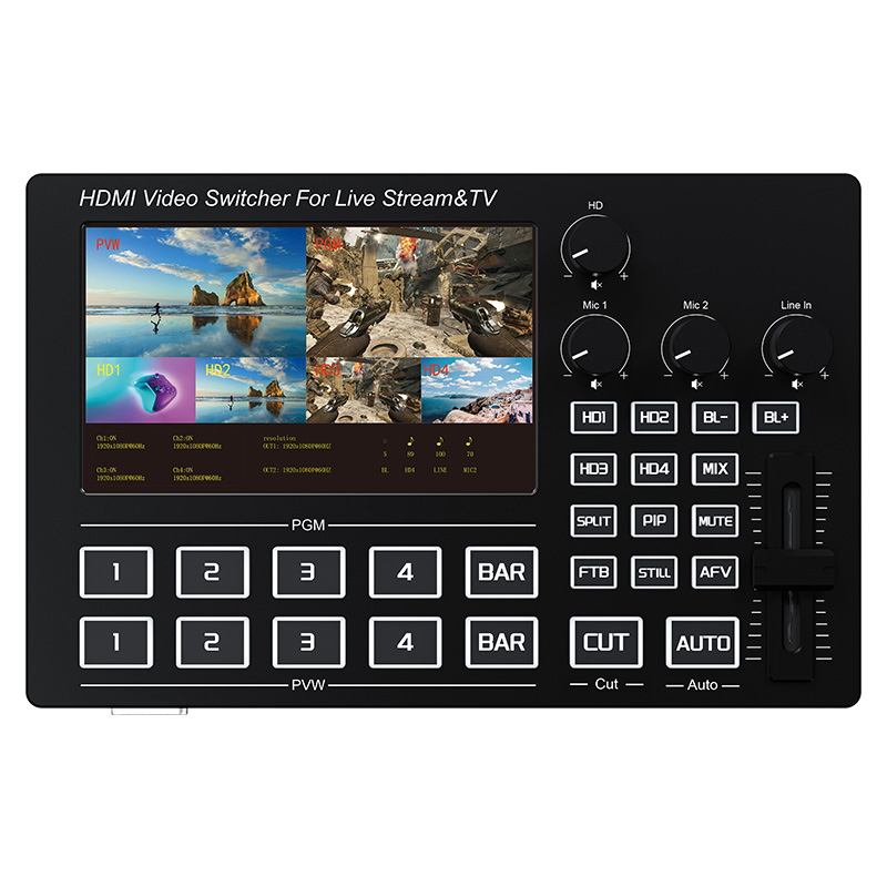 Audio Mixer 4 Channel - 1080P 4チャンネルHDMIライブストリーミングビデオミキサー、5インチスクリーン、マイクライン入力、オーディオミキシング機能付きライブ放送ビデオスイッチャー