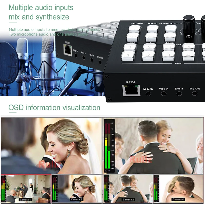 1080P 4チャンネルHDMIビデオミキサースイッチャー、 - Audio Mixer 4 Channel のレビューと価格