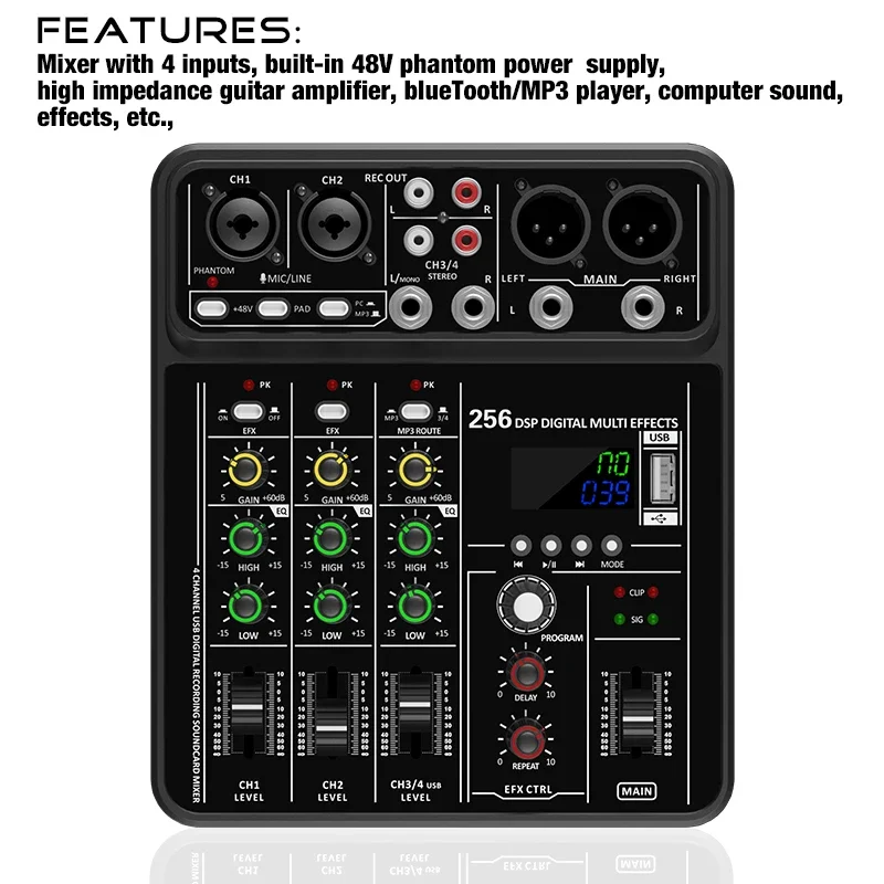 Bluetooth USB録音機能付きオーディオインターフェ - Audio Mixer 4 Channel のレビューと価格