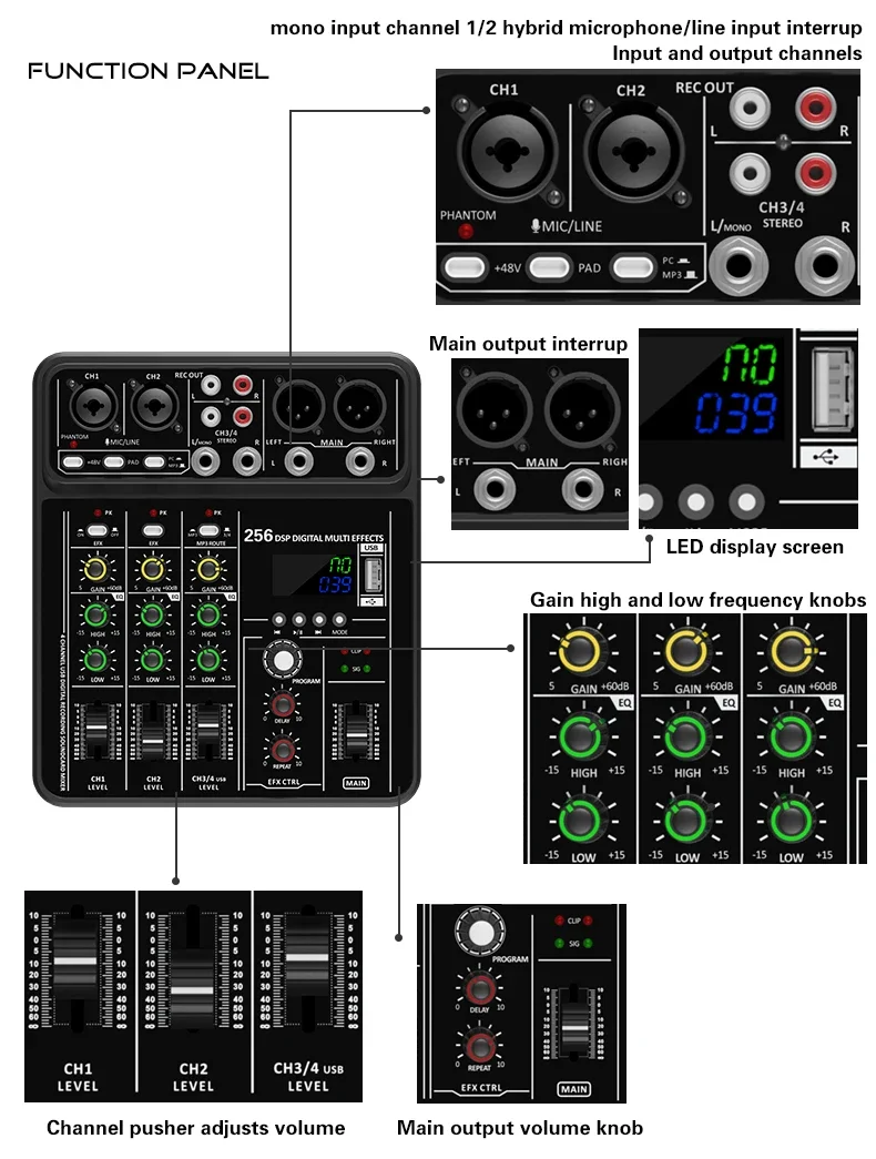 Bluetooth USB録音機能付きオーディオインターフェ - Audio Mixer 4 Channel のレビューと価格